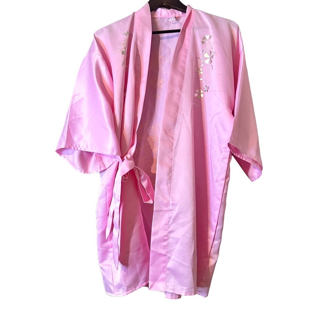 Joli Made in Japan Light Pink Satin Gold Floral Printed Kimono Tie Robe Sz Large